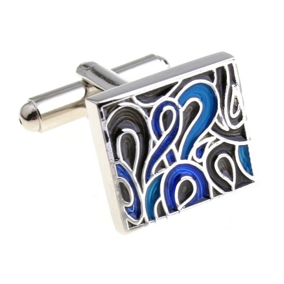 Black Blue and Silver Abstract Swirls Cufflinks - Picture 3 of 13